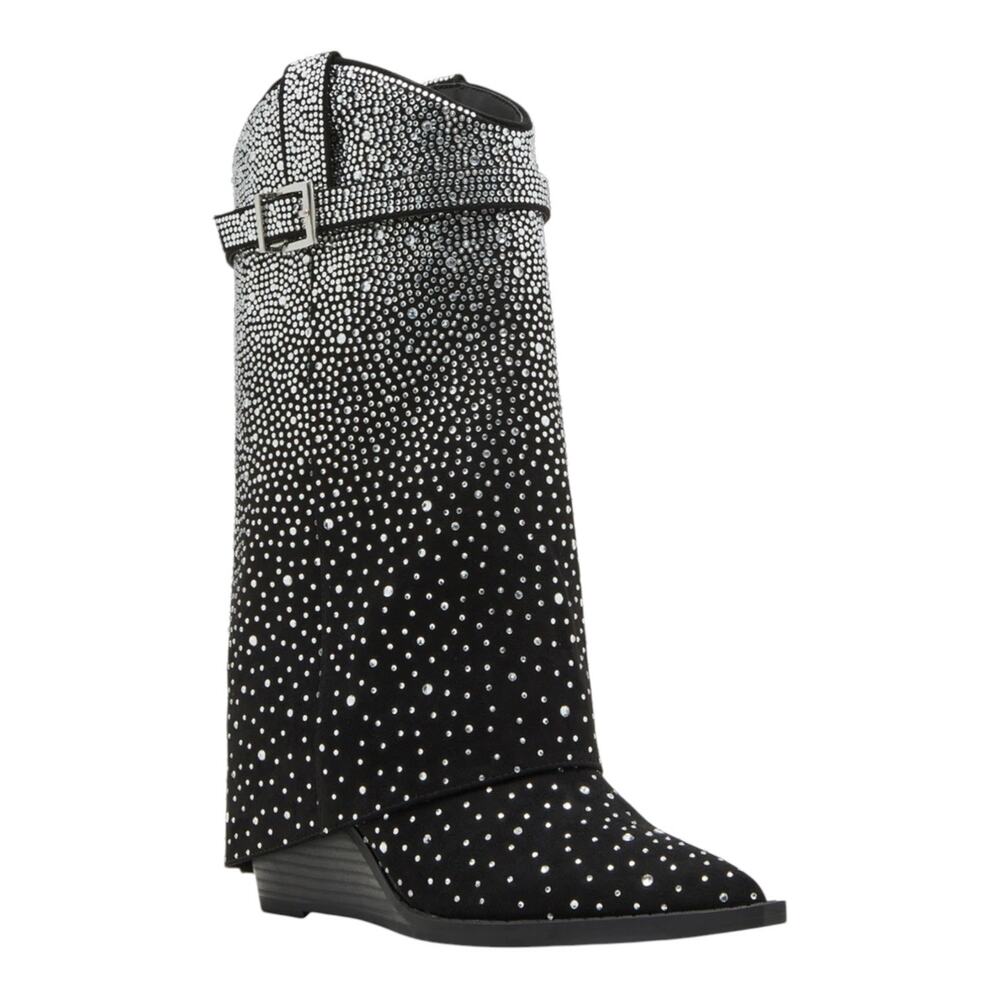 Madden Girl Women's Joe Rhinestone Cuffed Wedge Western Dress Boots Black Size 7